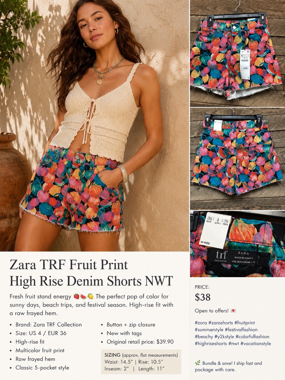 Zara Multicolor Fruit-Print High Waist Denim Shorts Size 4